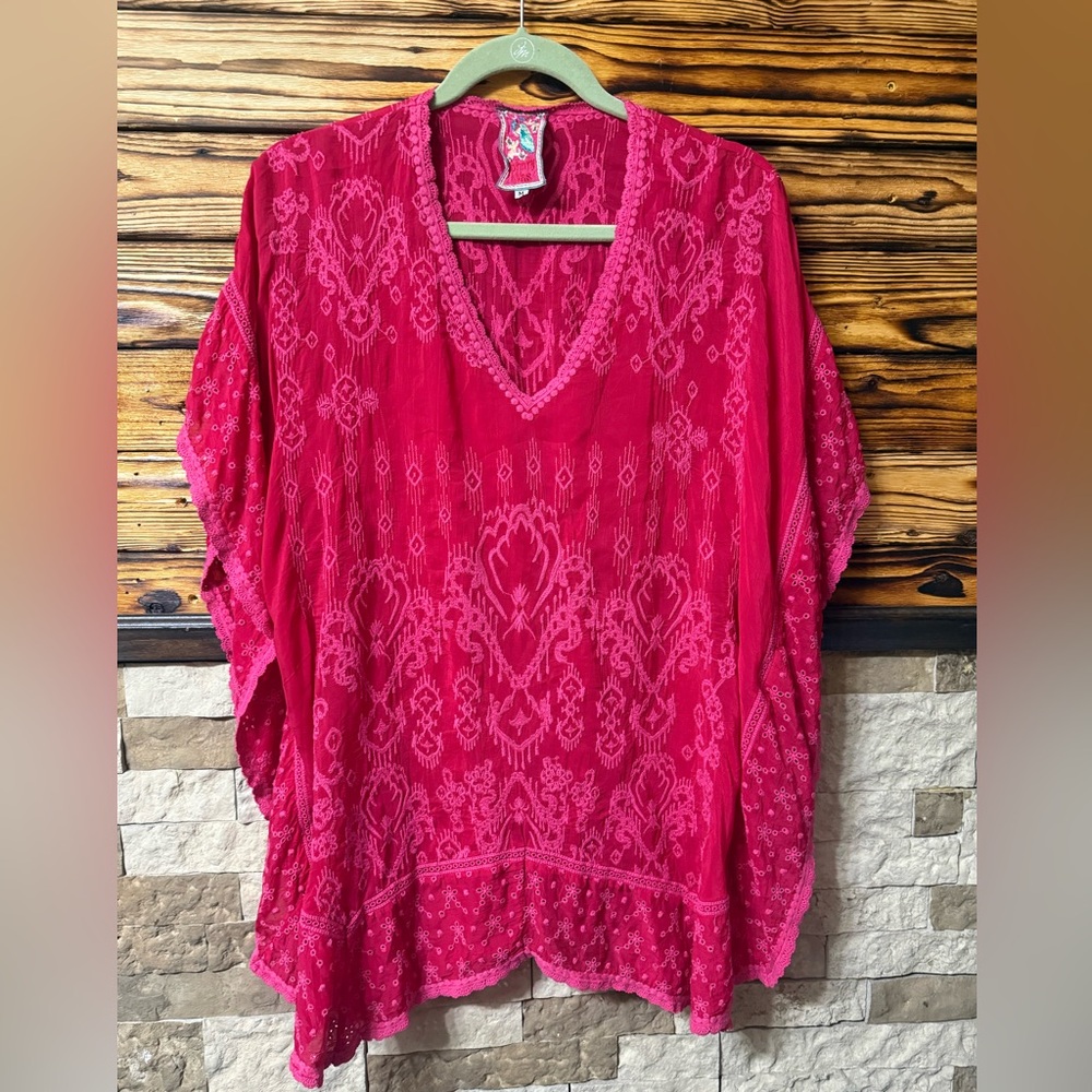 Johnny Was Pink Short Sleeve Tunic Poncho Oversized Embroidered Medium